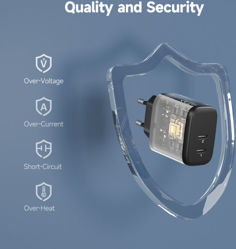 FoneKit GaN PD 65W AC-lader, USB-C + USB-C, svart