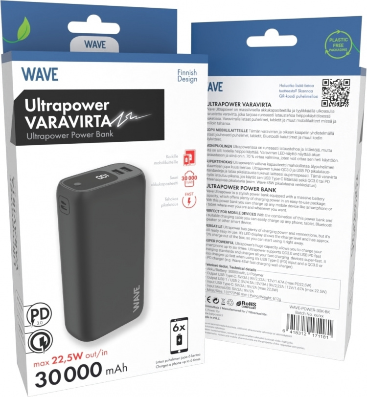 Wave Ultrapower reservestrømforsyning, 30 000 mAh, svart