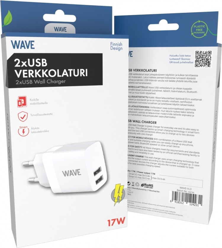 Wave nettlader 2 x USB, 17W, hvit