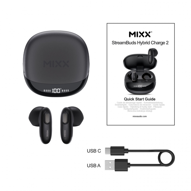 MIXX Hodetelefon Hybrid Charge 2 In-Ear Tws Qi Trådløs Svart