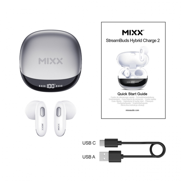 MIXX Hodetelefon Hybrid Charge 2 In-Ear Tws Qi Trådløs Hvit