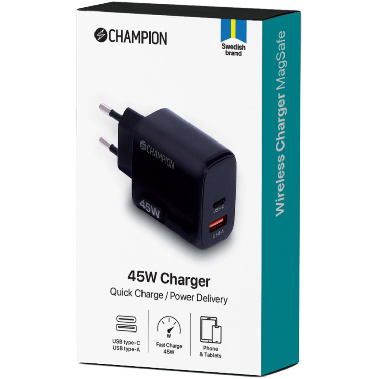 Champion Laddare 45W PD/QC Svart Champion Laddare 45W PD/QC Svart
