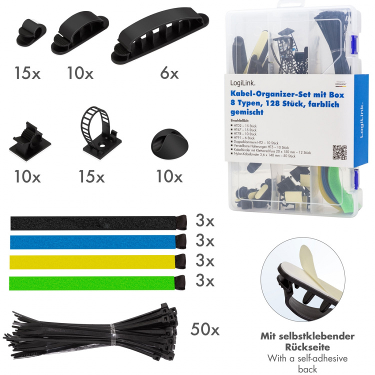 LogiLink Kabelhanteringsset med 8 artiklar 128 delar Blandade färger
