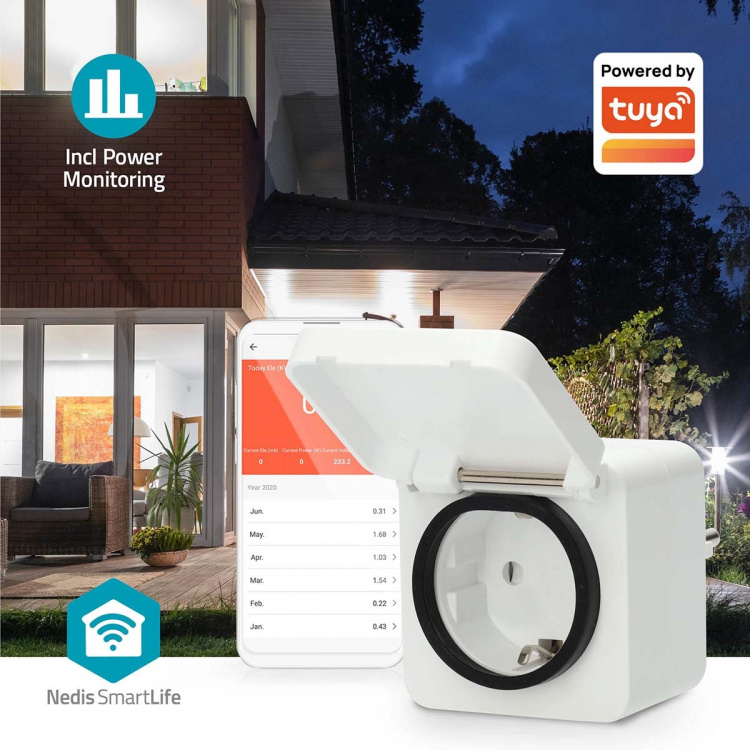 Nedis SmartLife Smart Plug | IP44 | Efektmåler | 3680 W | Jordet kontakt | -25 - 55 °C | Android™ / IOS | Grå / Hvit | 1 stk Nedis SmartLife Smart Plug | IP44 | Efektmåler | 3680 W | Jordet kontakt | -25 - 55 °C | Android™ / IOS | Grå / Hvit | 1 stk