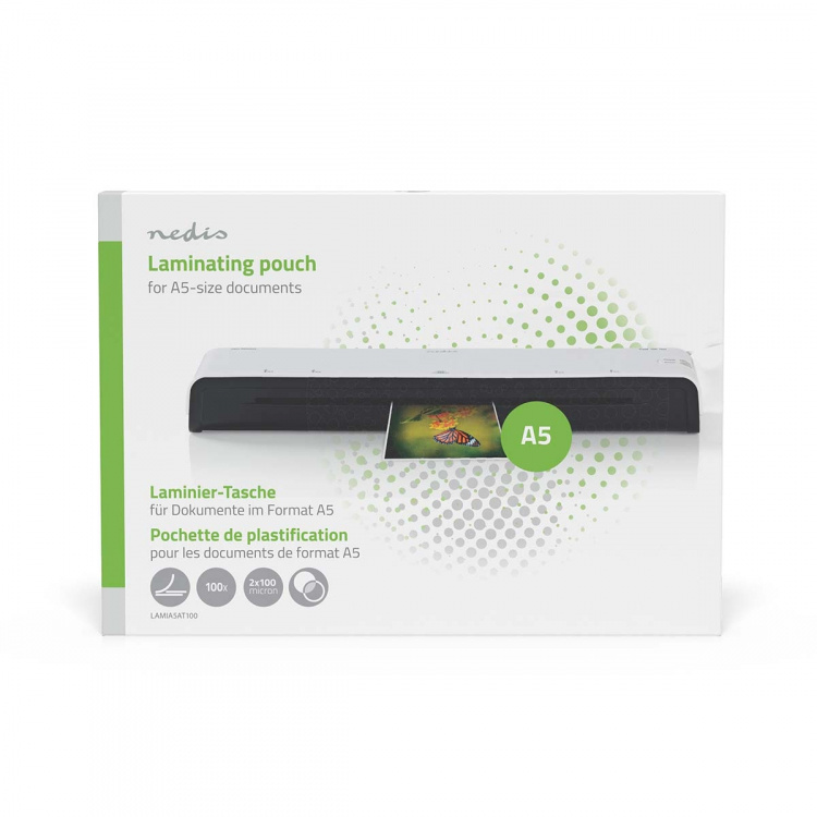 Nedis lamine~~POS=TRUNC Film | A5 | Tykkelse: 100 µm | Pakker per: 100 stk. | PET | Gjennomsiktig