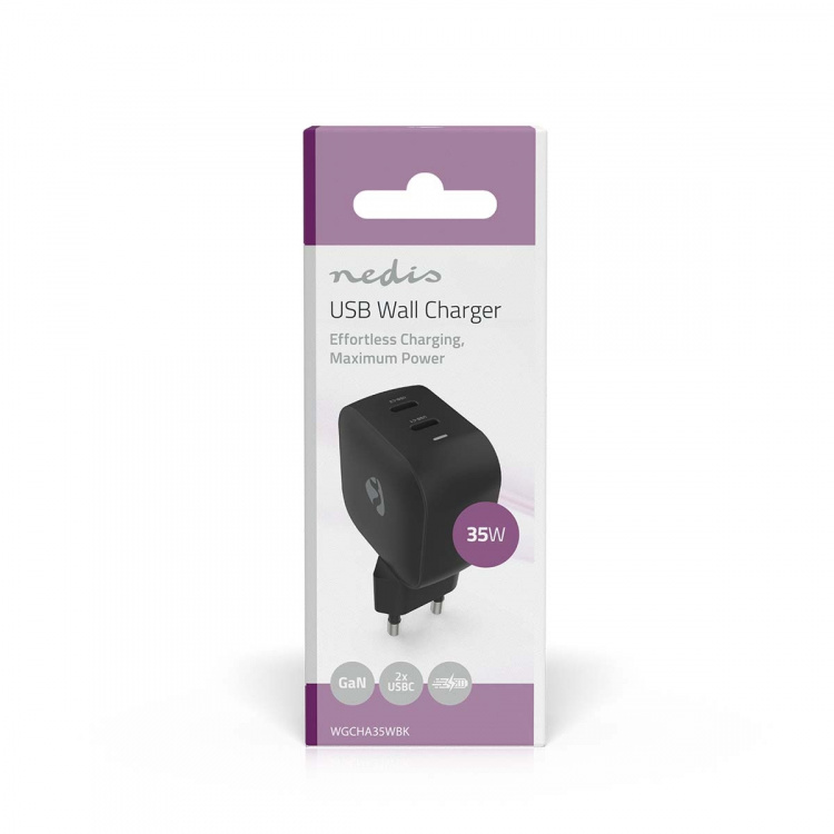 Nedis vegg lader | 35 W | GaN | PD3.0 | Hurtigladefunksjon | 1.75 / 2.33 / 2.92 / 3.0 A | Antall utganger: 2 | 2x USB-C™ | Automatisk Spenning Utvalg | Sort