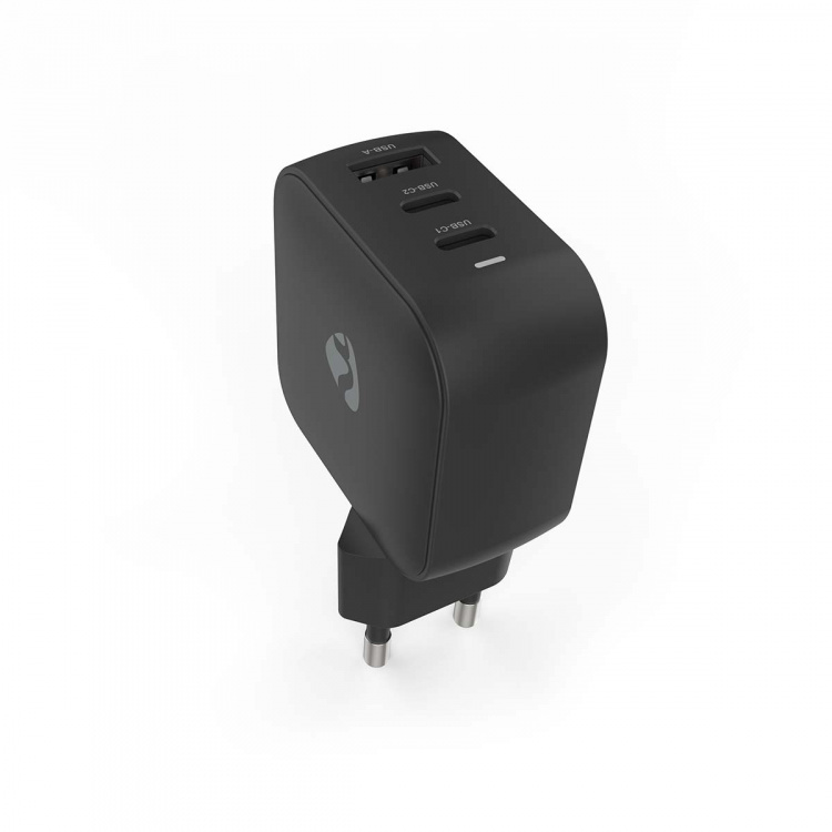 Nedis vegg lader | 70 W | GaN | PD3.0 | Hurtigladefunksjon | 1.5 / 2.25 A / 2.5 / 3.0 / 3.5 A | Antall utganger: 3 | USB-A / 2x USB-C™ | Automatisk Spenning Utvalg | Sort