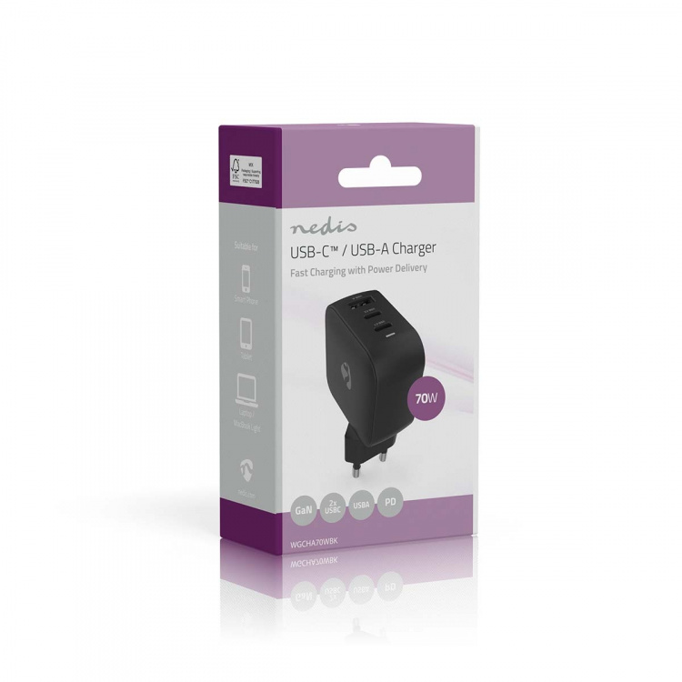 Nedis vegg lader | 70 W | GaN | PD3.0 | Hurtigladefunksjon | 1.5 / 2.25 A / 2.5 / 3.0 / 3.5 A | Antall utganger: 3 | USB-A / 2x USB-C™ | Automatisk Spenning Utvalg | Sort