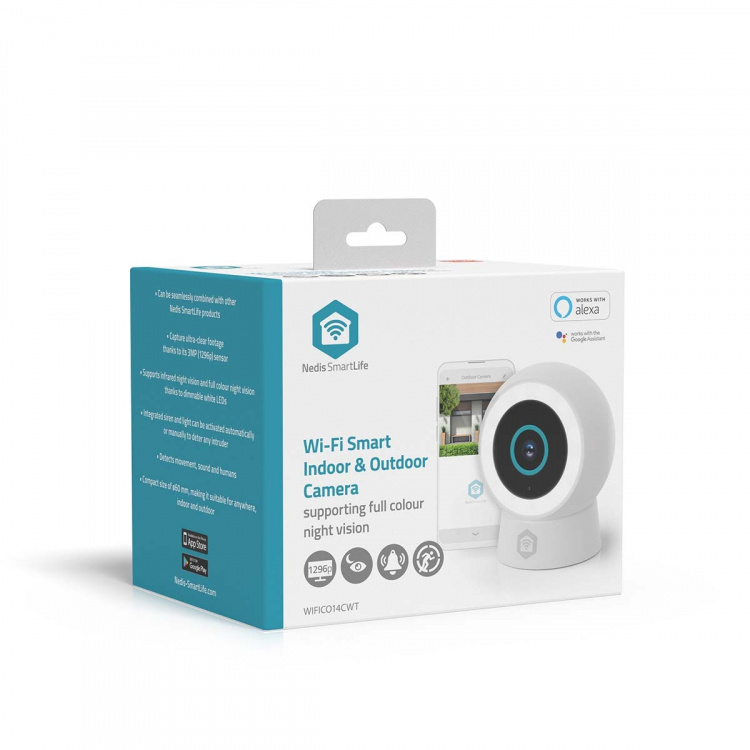 Nedis SmartLife Utendørs kamera | Søkelys | 3MP Full HD 1296p | IP65 | Cloud Storage (valgfritt) / microSD (ikke inkludert) / Onvif | 5 V DC | Med bevegelses sensor | Nattsyn | Hvit