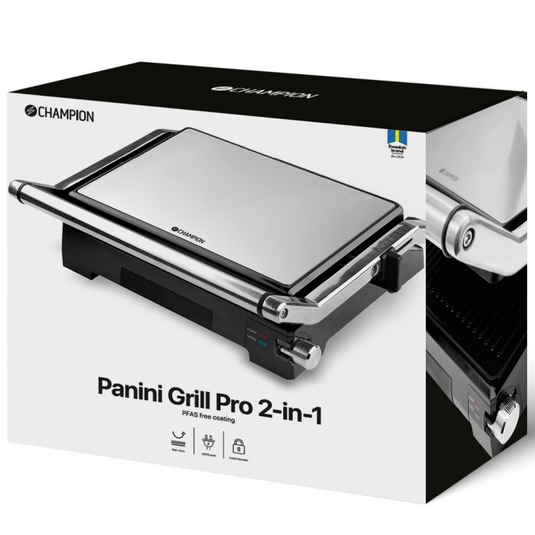 Champion Paninigrill Pro Health 2in1 med Bordsgrill 2000W PG600 Rostfri Champion Paninigrill Pro Health 2in1 med Bordsgrill 2000W PG600 Rostfri