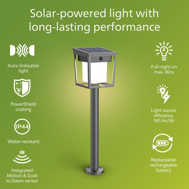 Philips Blaise Piedestal Solcell LED 250/20lm Svart