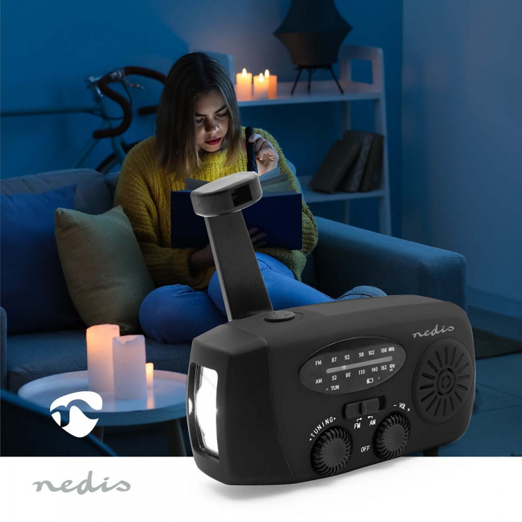 Nedis Nødradio | Bord design | AM / FM | Powerbank funksjon | Accu drevet / Hånd sveiv / USB-Strøm | Sort Nedis Nødradio | Bord design | AM / FM | Powerbank funksjon | Accu drevet / Hånd sveiv / USB-Strøm | Sort