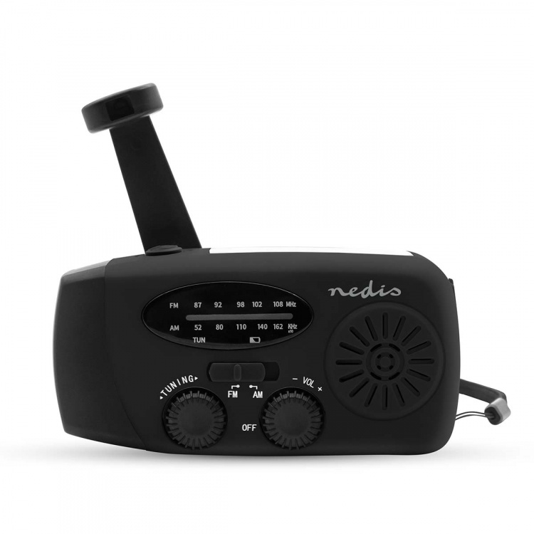 Nedis Nødradio | Bord design | AM / FM | Powerbank funksjon | Accu drevet / Hånd sveiv / USB-Strøm | Sort Nedis Nødradio | Bord design | AM / FM | Powerbank funksjon | Accu drevet / Hånd sveiv / USB-Strøm | Sort