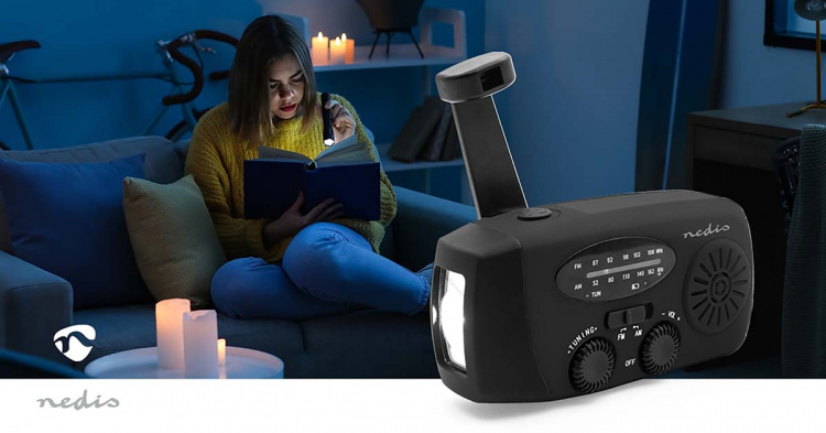 Nedis Nødradio | Bord design | AM / FM | Powerbank funksjon | Accu drevet / Hånd sveiv / USB-Strøm | Sort Nedis Nødradio | Bord design | AM / FM | Powerbank funksjon | Accu drevet / Hånd sveiv / USB-Strøm | Sort