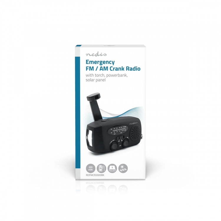 Nedis Nødradio | Bord design | AM / FM | Powerbank funksjon | Accu drevet / Hånd sveiv / USB-Strøm | Sort Nedis Nødradio | Bord design | AM / FM | Powerbank funksjon | Accu drevet / Hånd sveiv / USB-Strøm | Sort