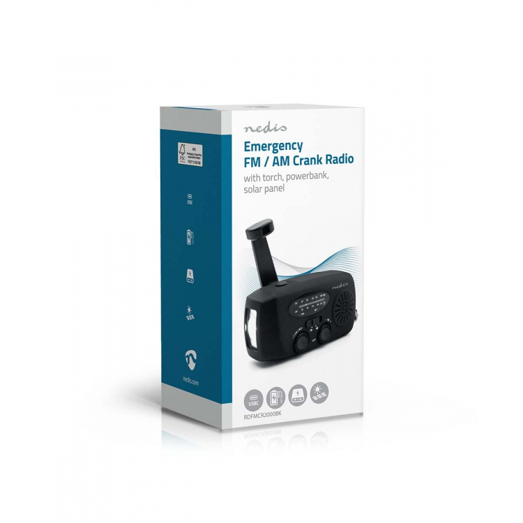 Nedis Nødradio | Bord design | AM / FM | Powerbank funksjon | Accu drevet / Hånd sveiv / USB-Strøm | Sort Nedis Nødradio | Bord design | AM / FM | Powerbank funksjon | Accu drevet / Hånd sveiv / USB-Strøm | Sort