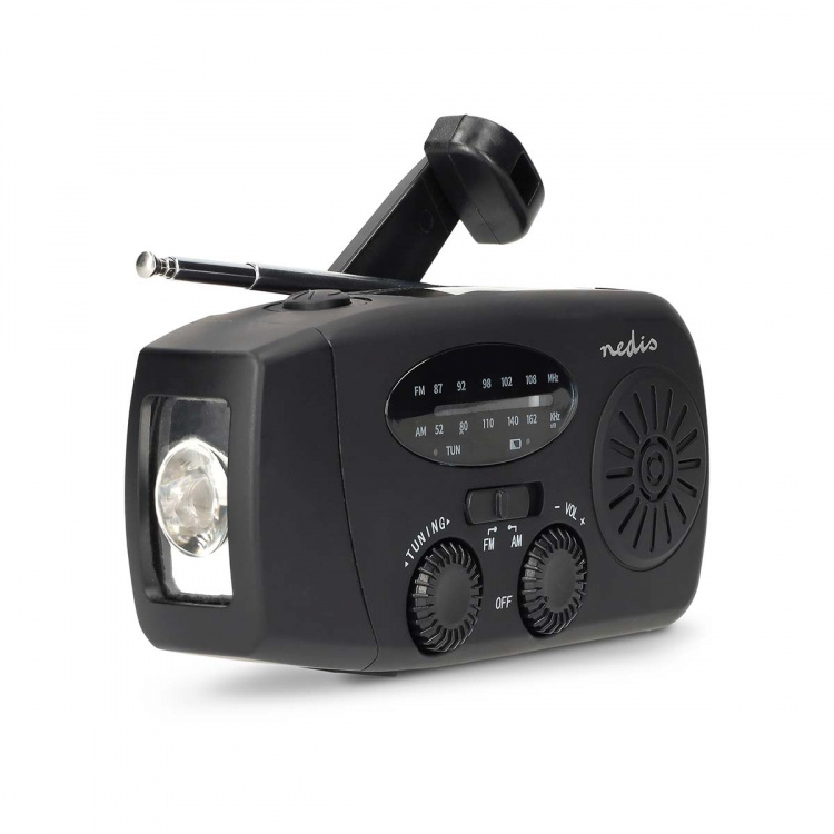 Nedis Nødradio | Bord design | AM / FM | Powerbank funksjon | Accu drevet / Hånd sveiv / USB-Strøm | Sort Nedis Nødradio | Bord design | AM / FM | Powerbank funksjon | Accu drevet / Hånd sveiv / USB-Strøm | Sort