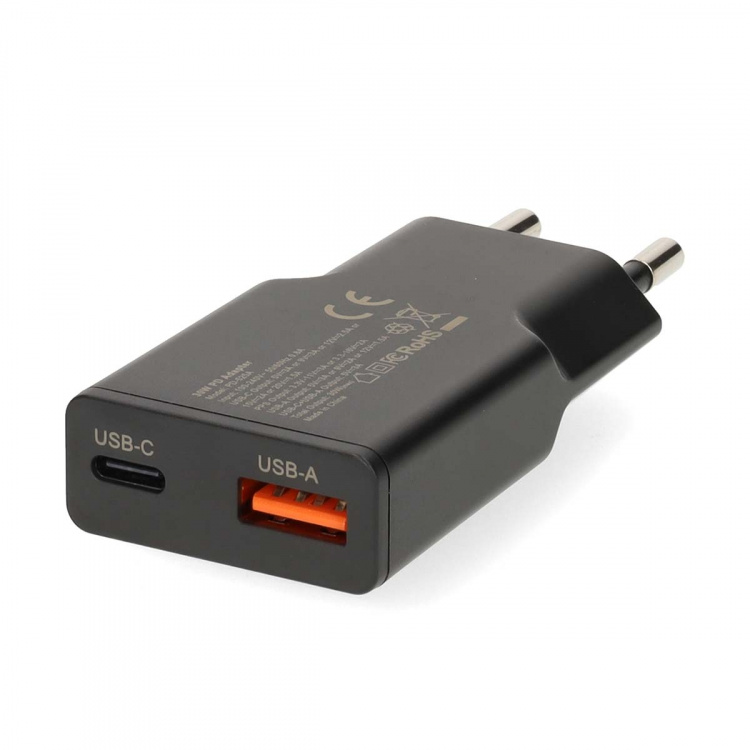 Nedis vegg lader | 20 W | GaN | PD3.0 | Hurtigladefunksjon | 1.5 / 2.0 / 2.22 A / 3.0 A | Antall utganger: 2 | USB-A / USB-C™ | USB Type-C ™ (løs) Kabel | 1.50 m | Automatisk Spenning Utvalg | Sort