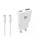 Nedis vegg lader | 20 W | GaN | PD3.0 | Hurtigladefunksjon | 1.5 / 2.0 / 2.22 A / 3.0 A | Antall utganger: 2 | USB-A / USB-C™ | USB-C ™ (løs) Kabel | 1.50 m | Automatisk Spenning Utvalg | Hvit