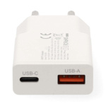 Nedis vegg lader | 20 W | GaN | PD3.0 | Hurtigladefunksjon | 1.5 / 2.0 / 2.22 A / 3.0 A | Antall utganger: 2 | USB-A / USB-C™ | USB-C ™ (løs) Kabel | 1.50 m | Automatisk Spenning Utvalg | Hvit