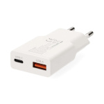 Nedis vegg lader | 20 W | GaN | PD3.0 | Hurtigladefunksjon | 1.5 / 2.0 / 2.22 A / 3.0 A | Antall utganger: 2 | USB-A / USB-C™ | USB-C ™ (løs) Kabel | 1.50 m | Automatisk Spenning Utvalg | Hvit