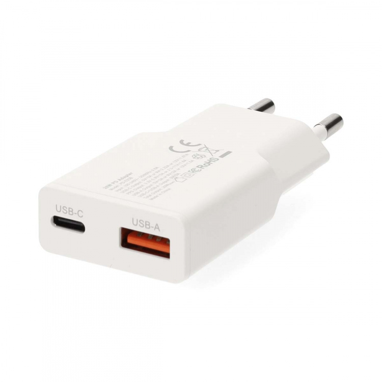 Nedis vegg lader | 20 W | GaN | PD3.0 | Hurtigladefunksjon | 1.5 / 2.0 / 2.22 A / 3.0 A | Antall utganger: 2 | USB-A / USB-C™ | USB-C ™ (løs) Kabel | 1.50 m | Automatisk Spenning Utvalg | Hvit