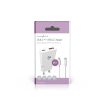 Nedis vegg lader | 20 W | GaN | PD3.0 | Hurtigladefunksjon | 1.5 / 2.0 / 2.22 A / 3.0 A | Antall utganger: 2 | USB-A / USB-C™ | USB-C ™ (løs) Kabel | 1.50 m | Automatisk Spenning Utvalg | Hvit