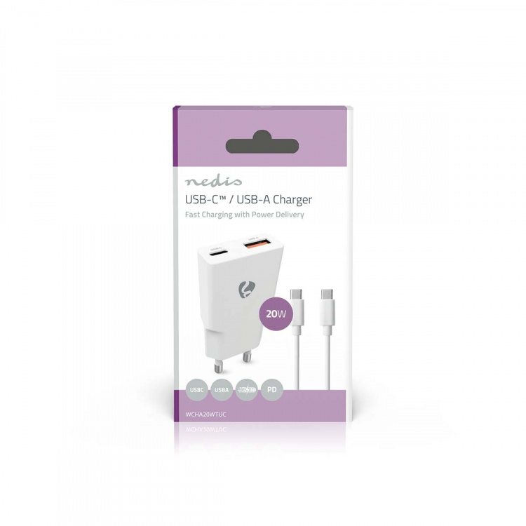 Nedis vegg lader | 20 W | GaN | PD3.0 | Hurtigladefunksjon | 1.5 / 2.0 / 2.22 A / 3.0 A | Antall utganger: 2 | USB-A / USB-C™ | USB-C ™ (løs) Kabel | 1.50 m | Automatisk Spenning Utvalg | Hvit