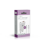 Nedis vegg lader | 20 W | GaN | PD3.0 | Hurtigladefunksjon | 1.5 / 2.0 / 2.22 A / 3.0 A | Antall utganger: 2 | USB-A / USB-C™ | USB-C ™ (løs) Kabel | 1.50 m | Automatisk Spenning Utvalg | Hvit