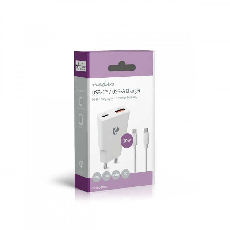 Nedis vegg lader | 20 W | GaN | PD3.0 | Hurtigladefunksjon | 1.5 / 2.0 / 2.22 A / 3.0 A | Antall utganger: 2 | USB-A / USB-C™ | USB-C ™ (løs) Kabel | 1.50 m | Automatisk Spenning Utvalg | Hvit