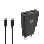 Nedis vegg lader | 30 W | GaN | PD3.0 30W | Hurtigladefunksjon | 1.5 / 2.0 / 2.5 / 3.0 A | Antall utganger: 2 | USB-A / USB-C™ | USB Type-C ™ (løs) Kabel | 1.50 m | Automatisk Spenning Utvalg | Sort