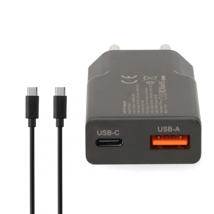 Nedis vegg lader | 30 W | GaN | PD3.0 30W | Hurtigladefunksjon | 1.5 / 2.0 / 2.5 / 3.0 A | Antall utganger: 2 | USB-A / USB-C™ | USB Type-C ™ (løs) Kabel | 1.50 m | Automatisk Spenning Utvalg | Sort