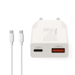 Nedis vegg lader | 30 W | GaN | PD3.0 30W | Hurtigladefunksjon | 1.5 / 2.0 / 2.5 / 3.0 A | Antall utganger: 2 | USB-A / USB-C™ | USB-C ™ (løs) Kabel | 1.50 m | Automatisk Spenning Utvalg | Hvit