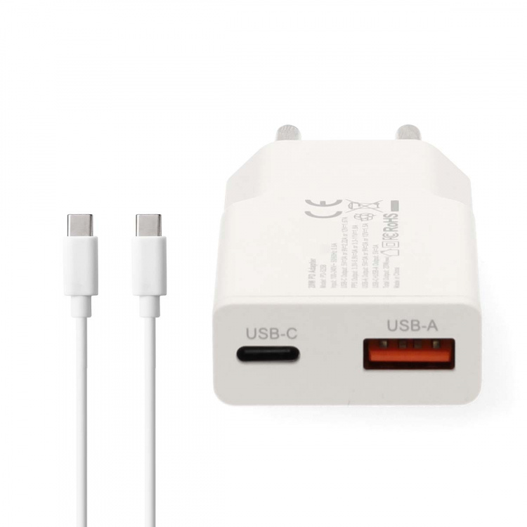 Nedis vegg lader | 30 W | GaN | PD3.0 30W | Hurtigladefunksjon | 1.5 / 2.0 / 2.5 / 3.0 A | Antall utganger: 2 | USB-A / USB-C™ | USB-C ™ (løs) Kabel | 1.50 m | Automatisk Spenning Utvalg | Hvit