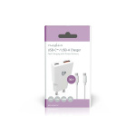 Nedis vegg lader | 30 W | GaN | PD3.0 30W | Hurtigladefunksjon | 1.5 / 2.0 / 2.5 / 3.0 A | Antall utganger: 2 | USB-A / USB-C™ | USB-C ™ (løs) Kabel | 1.50 m | Automatisk Spenning Utvalg | Hvit