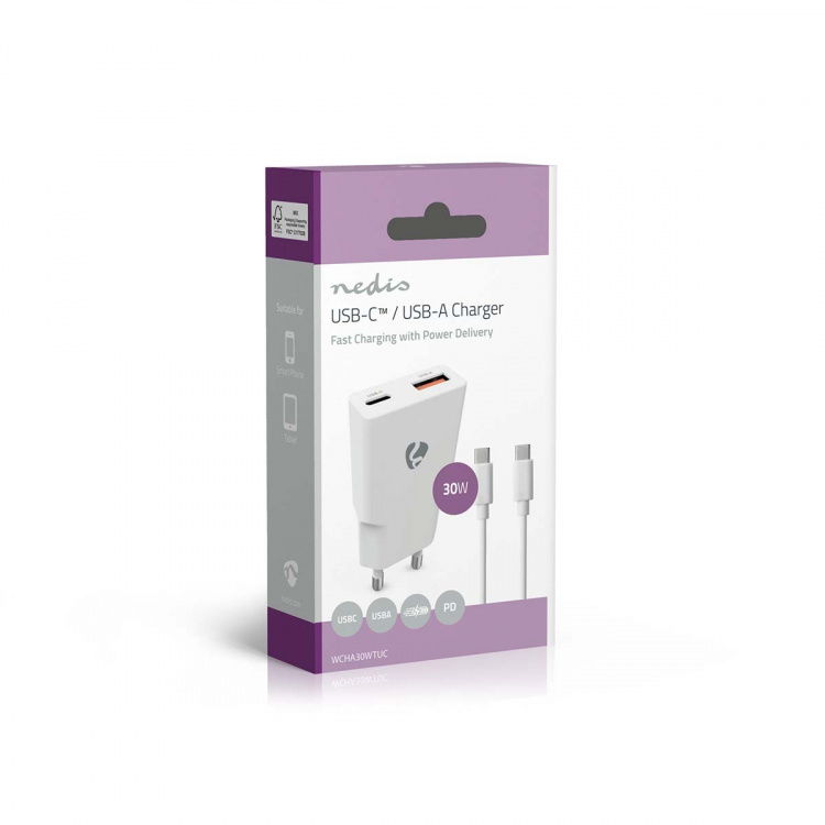 Nedis vegg lader | 30 W | GaN | PD3.0 30W | Hurtigladefunksjon | 1.5 / 2.0 / 2.5 / 3.0 A | Antall utganger: 2 | USB-A / USB-C™ | USB-C ™ (løs) Kabel | 1.50 m | Automatisk Spenning Utvalg | Hvit