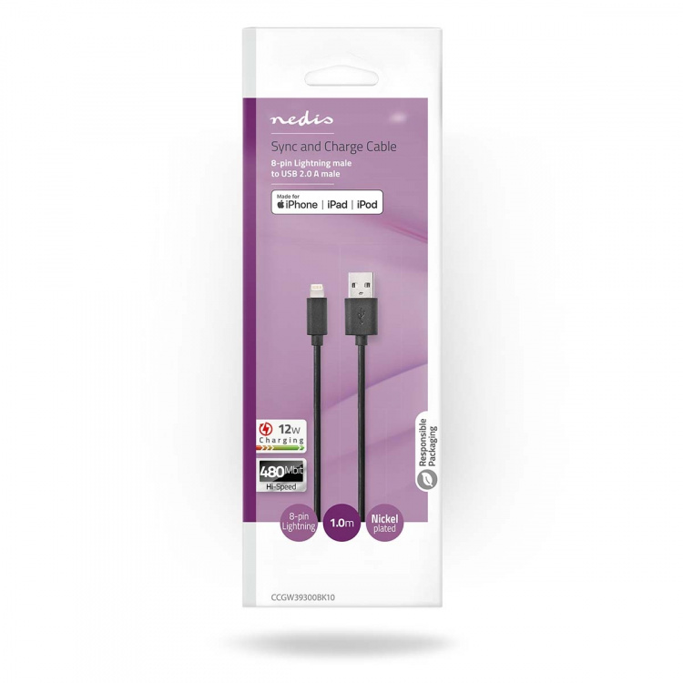 Nedis Lightning Kabel | USB 2.0 | Apple Lightning 8-Pinners | USB-A Han | 480 Mbps | Nikkel belagt | 1.00 m | Rund | PVC | Sort | Boks