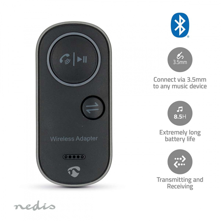 Nedis Bluetooth® Transceiver | Inngang for lyd-/video-/datatilkoblinger: USB-C™ Female | Utgang for lyd-/video-/datatilkoblinger: 1x 3.5 mm | SBC | Opptil 1 enhet | Batteri 1 driftstid standard bruk: 510 min | Sort