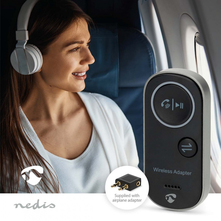 Nedis Bluetooth® Transceiver | Inngang for lyd-/video-/datatilkoblinger: USB-C™ Female | Utgang for lyd-/video-/datatilkoblinger: 1x 3.5 mm | SBC | Opptil 1 enhet | Batteri 1 driftstid standard bruk: 510 min | Sort