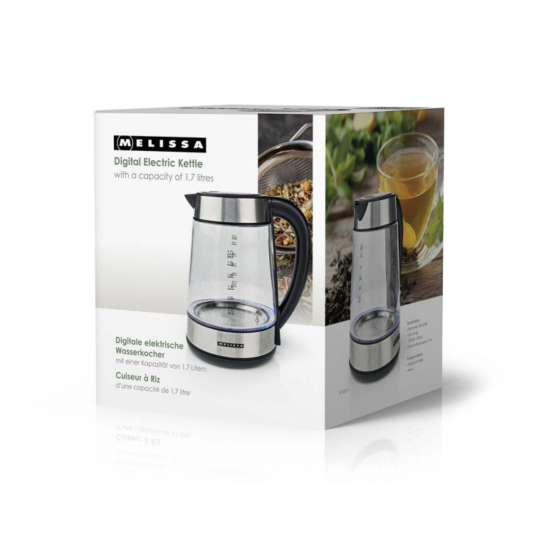 MELISSA Digital vannkoker | 1,7 l | 2200 W | Glass | 50/70/80/90/100 °C Forhåndsinnstillinger | 360° piruettfot | Skjult varmeelement | Strix®-kontroller | Hold-varm-funksjon | Beskyttelse mot tørrkoking MELISSA Digital vannkoker | 1,7 l | 2200 W | Glass | 50/70/80/90/100 °C Forhåndsinnstillinger | 360° piruettfot | Skjult varmeelement | Strix®-kontroller | Hold-varm-funksjon | Beskyttelse mot tørrkoking