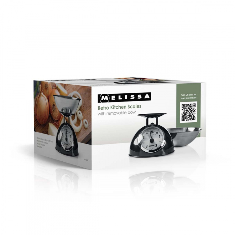 MELISSA Retro kjøkkenvekt | Analog | Metallhus | Avtakbar skål | Maks. 5 kg | 25-grams trinn | Svart