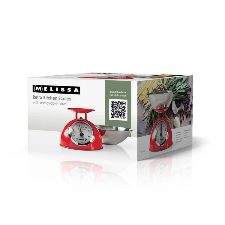MELISSA Retro kjøkkenvekt | Analog | Metallhus | Avtakbar skål | Maks. 5 kg | 25 grams trinn | Rød