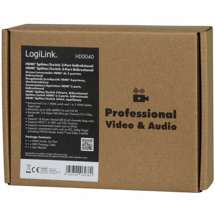 LogiLink HDMI-switch 3-portar Dubbelriktad HDMI 1.4 4K/30 Hz