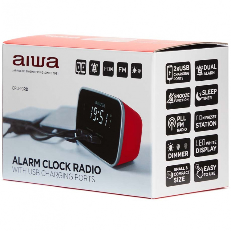 AIWA Klockradio Två alarm USB ladd-uttag Röd
