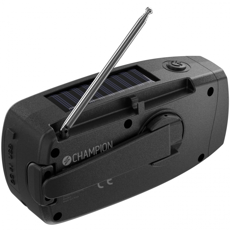 Champion Vevradio med ficklampa och solcell Svart