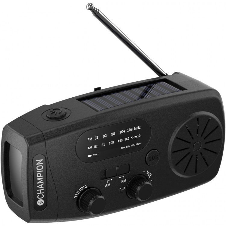 Champion Vevradio med ficklampa och solcell Svart