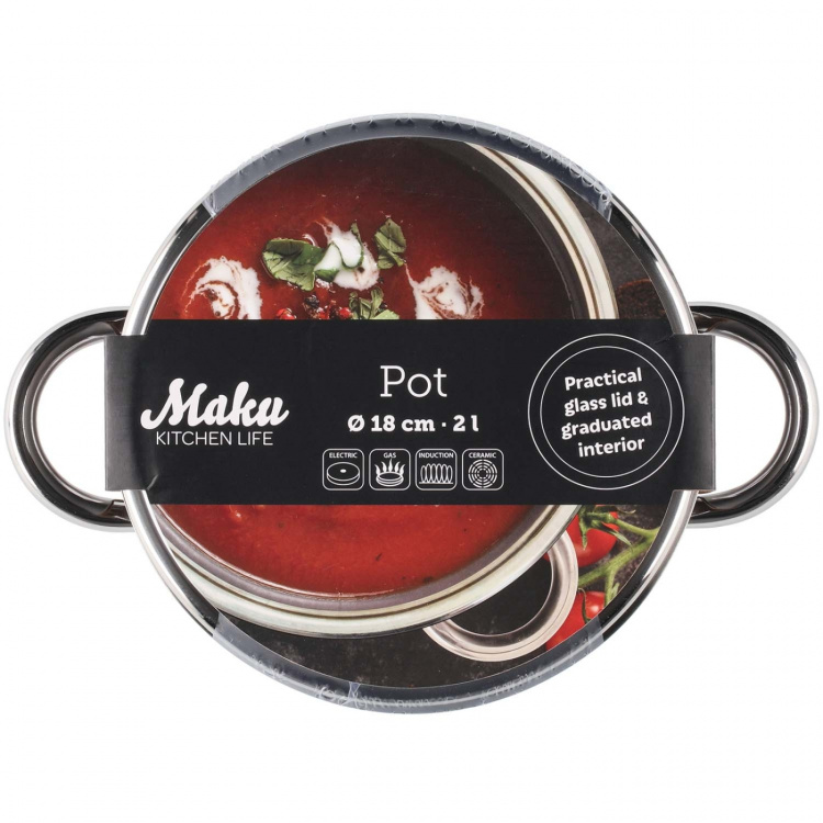 Maku Kastrull Basic i stål med glaslock 2 L