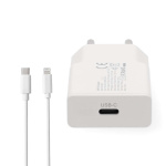 Nedis vegg lader | 20 W | GaN | PD3.0 | Hurtigladefunksjon | 1.67 A / 2.22 A / 3.0 A | Antall utganger: 1 | USB-C™ | Lightning 8-Pin (Løs) Kabel | 1.00 m | Automatisk Spenning Utvalg | Hvit