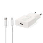 Nedis vegg lader | 20 W | GaN | PD3.0 | Hurtigladefunksjon | 1.67 A / 2.22 A / 3.0 A | Antall utganger: 1 | USB-C™ | Lightning 8-Pin (Løs) Kabel | 1.00 m | Automatisk Spenning Utvalg | Hvit