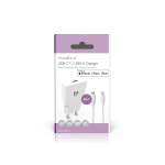 Nedis vegg lader | 20 W | GaN | PD3.0 | Hurtigladefunksjon | 1.67 A / 2.22 A / 3.0 A | Antall utganger: 1 | USB-C™ | Lightning 8-Pin (Løs) Kabel | 1.00 m | Automatisk Spenning Utvalg | Hvit